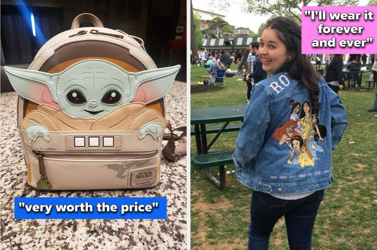 to the left: a baby yoda backpack, to the right: buzzfeed editor in a disney princess denim jacket