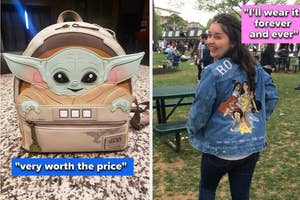 to the left: a baby yoda backpack, to the right: buzzfeed editor in a disney princess denim jacket