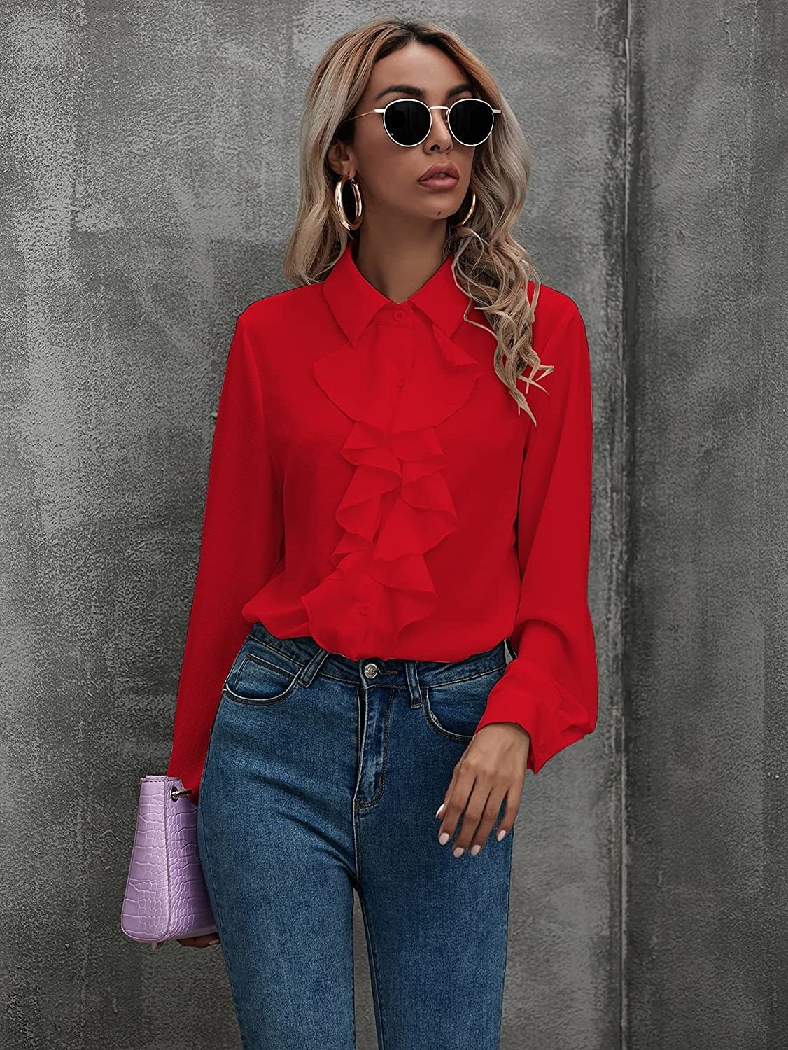 Model wearing the red ruffled front shirt