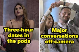 Deepti from "Love is Blind" with the caption "three-hour dates in the pods" next to Nick and Danielle with the caption "Major conversations off-camera"