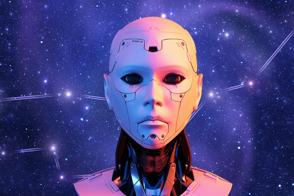 A robotic face over a background of stars