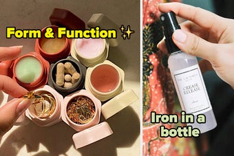 L: a model pulling a ring out of an open travel container magnetized to fix other containers and text reading "form & function", R: a model holding a spray bottle that says "crease release" up to fabric and text reading "iron in a bottle"