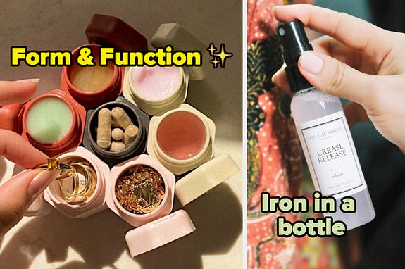 L: a model pulling a ring out of an open travel container magnetized to fix other containers and text reading "form & function", R: a model holding a spray bottle that says "crease release" up to fabric and text reading "iron in a bottle"