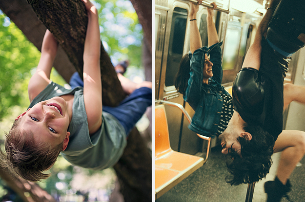 Left: A child hanging upside down on a free Right : Man and woman swinging on bars in a NYC subway car.