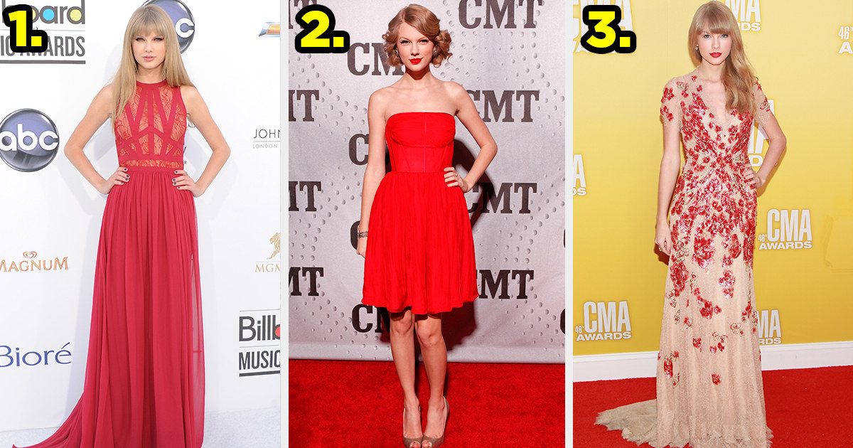 1) Taylor wears a dress with lace detailing on the bodice and a flowy skirt 2) Taylor wears a short, simple strapless dress 3) Taylor wears a sheer gown with flower appliques