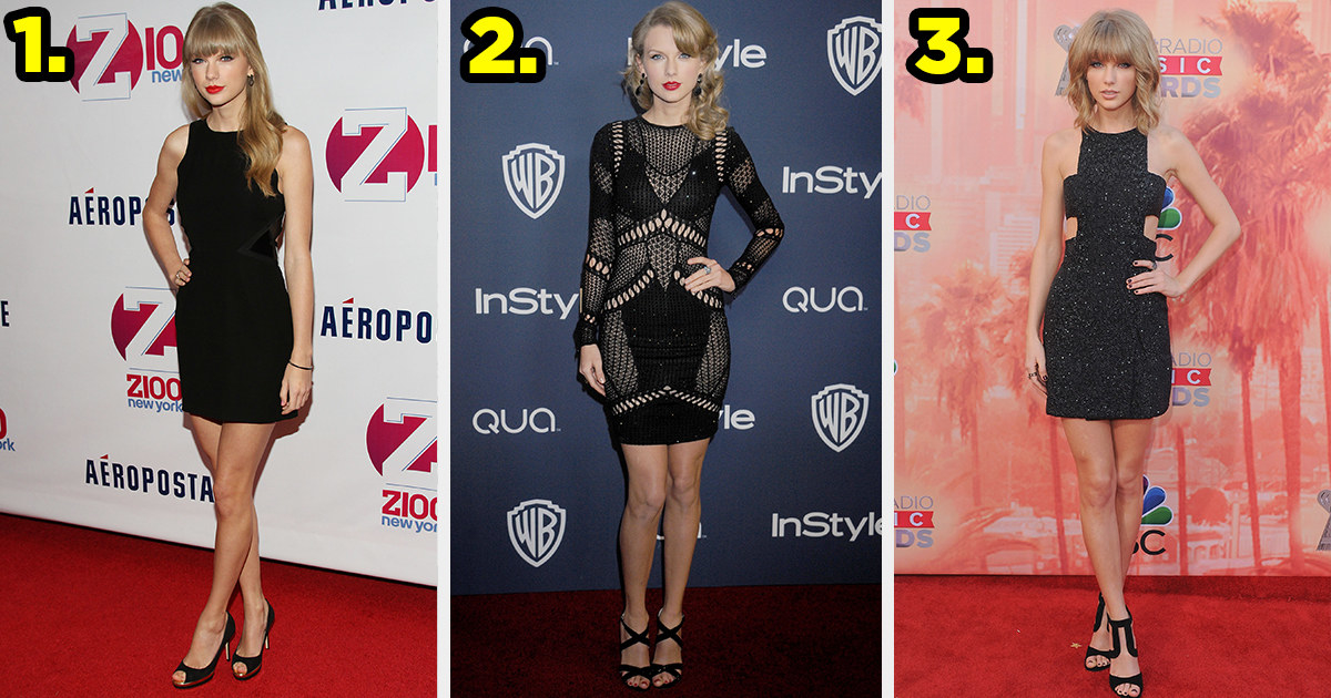 1) Taylor wears a simple minidress 2) Taylor wears a mesh minidress made of fishnet 3) Taylor wears a minidress with cutouts by each side of her ribs