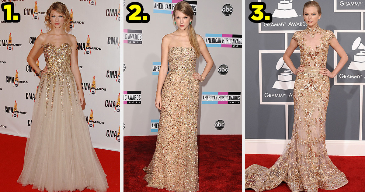 1) Taylor wears a gown with a sparking bodice that makes a zigzag pattern at the waist and flowing skirt 2) Taylor wears a sparking strapless gown 3) Taylor wears a mock neck gown with an ornate metallic print