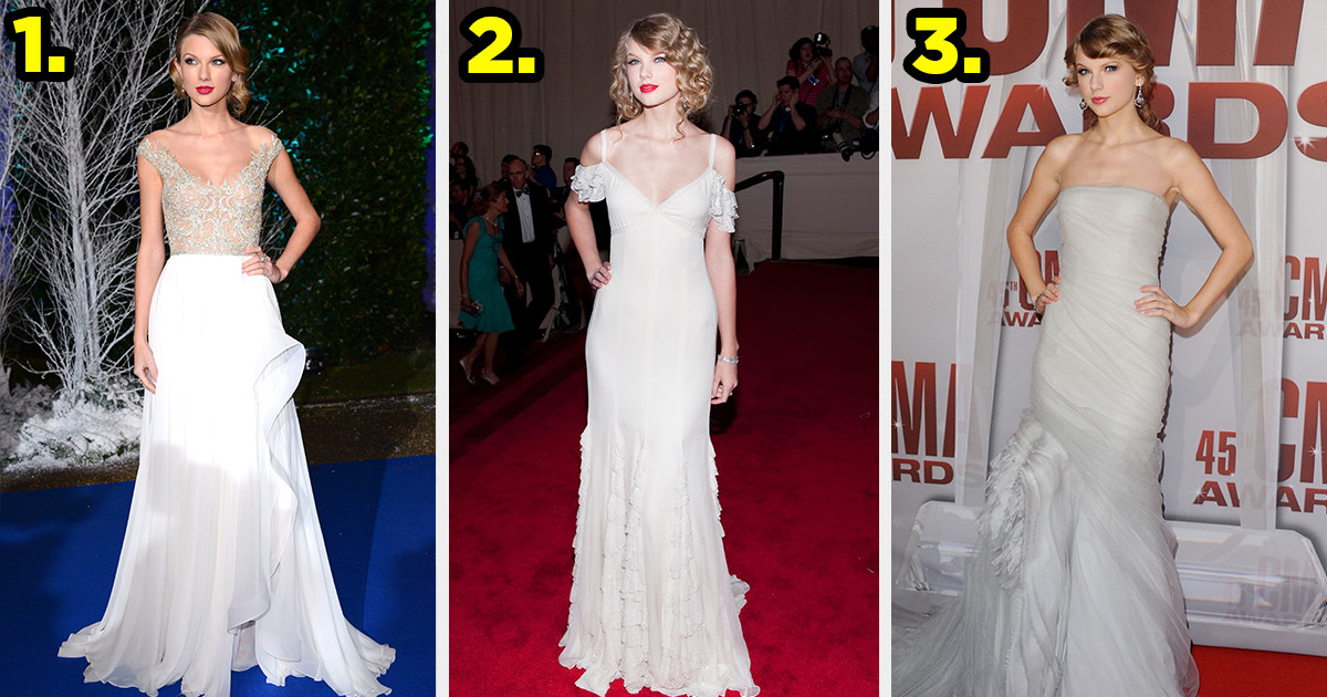 1) Taylor wears an off-the-shoulder gown with a sheer glittering bodice and an asymmetrical skirt 2) Taylor wears an off-the-shoulder gown with ruffles on the skirt and sleeves 2) Taylor wears a strapless gown with ruching and ruffling on the skirt
