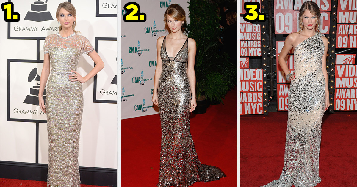 1) Taylor wears an illusion neckline and a straight skirt 2) Taylor wears a V-neckline glittering gown 3) Taylor wears a one-shouldered glittering gown