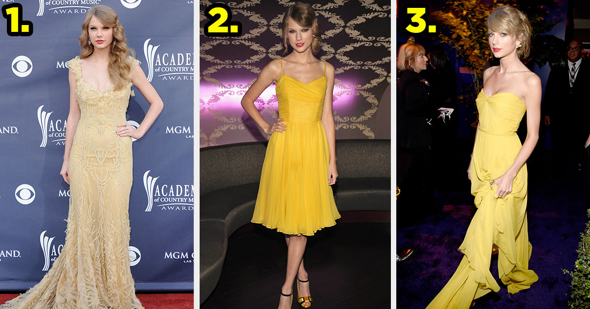 1) Taylor wears a gown covered in lace detailing with feathers at the bottom 2) Taylor wears a simple sundress 3) Taylor wears a gown with a flowy asymmetrical skirt