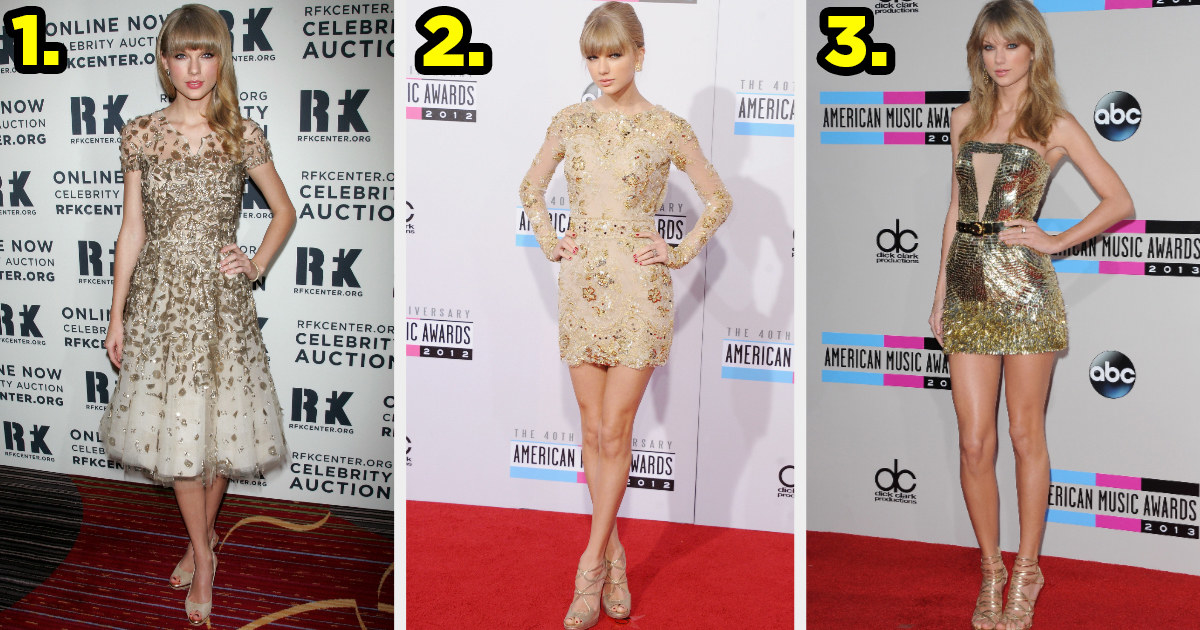1) Taylor wears a tea length sheer dress with gold flowers 2) Taylor wears a long-sleeved minidress printed with flowers 3) Taylor wears a strapless minidress with a triangle-shaped cutout in the bodice
