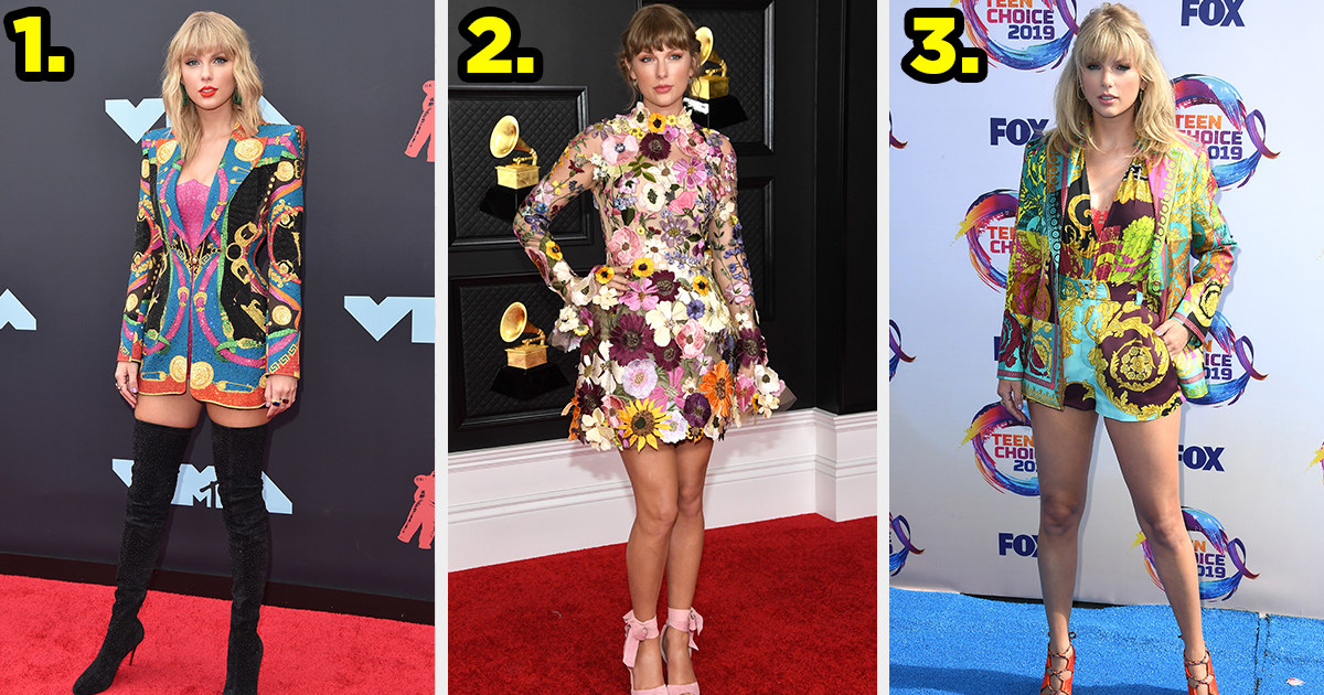 1. Taylor wears thigh high boots and a long multicolored blazer with shoulder pads. 2. Taylor wears a high neck, long sleeved dress covered in realistic flowers. 3. Taylor wears a multicolored blazer with a matching top and shorts underneath.