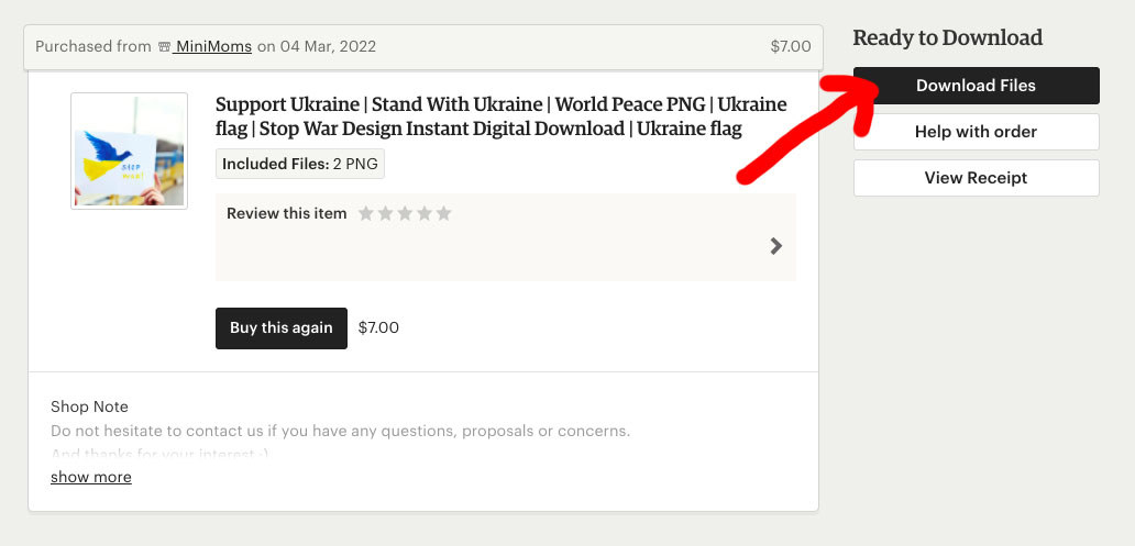 Screenshot of Etsy showing where you can click the download button