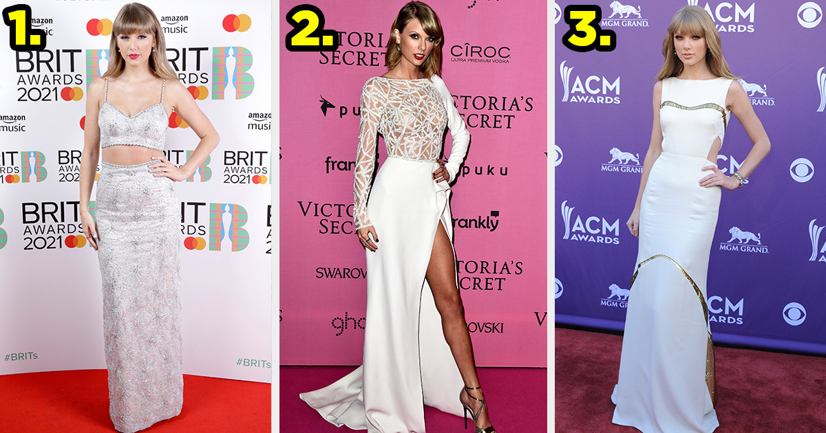 1) Taylor wears a patterned crop top with a matching skirt 2) Taylor wears a sheer long-sleeved gown with a thigh slit 3) Taylor wears a boatneck gown with metallic detailing and cutouts by her ribs