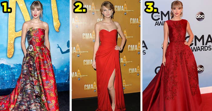 1) Taylor wears a two-tone strapless gown with flowers printed on it 2) Taylor wears a red gown with a sweetheart neckline and a slit to her thigh 3) Taylor wears a boat neck gown with jewels covering the dress