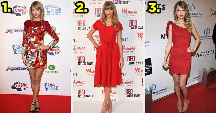 1) Taylor wears a long-sleeved minidress with red flowers and an abstract print 2) Taylor wears a simple tea length dress 3) Taylor wears a plain short, one-shoulder dress