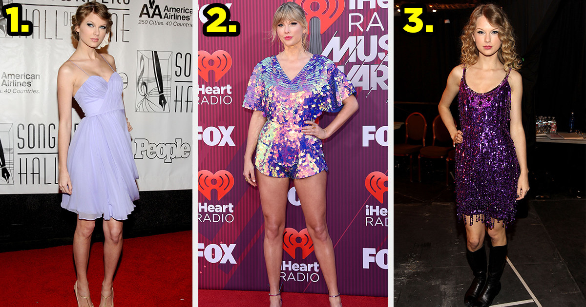 1) Taylor wears a simple sweetheart minidress 2) Taylor wears a romper covered in sequins 3) Taylor wears a short dress with a sparkly fringe