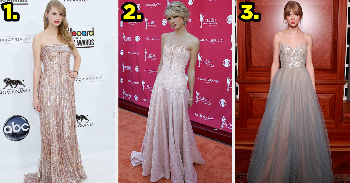 Taylor wears a strapless glittery gown. 2. Taylor wears a gown with a long corset that sparkles. 3. Taylor wears a strapless gown with a glittering bodice and a tulle two-toned skirt.