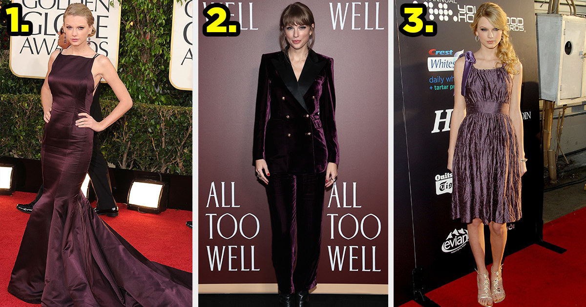 1) Taylor wears a square neck mermaid-style gown made of silk 2) Taylor wears a velvet power suit 3) Taylor wears a ruched knee-length dress with a bow on the left strap