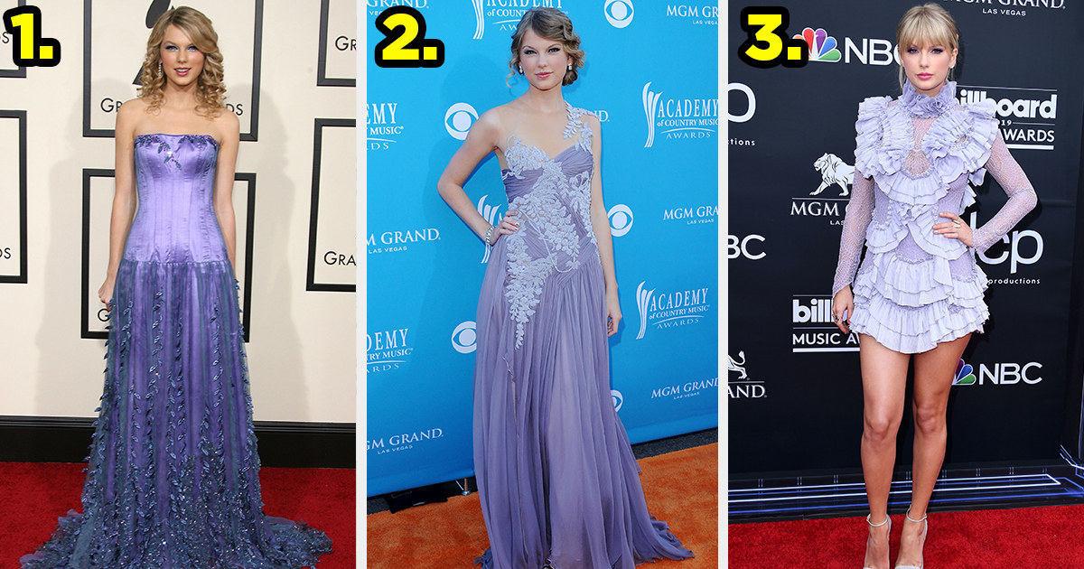 1) Taylor wears a dress with a long corset and a skirt with ruffles 2) Taylor wears a one-shoulder gown with floral leaf appliques 3) Taylor wears a long-sleeved minidress covered with ruffles