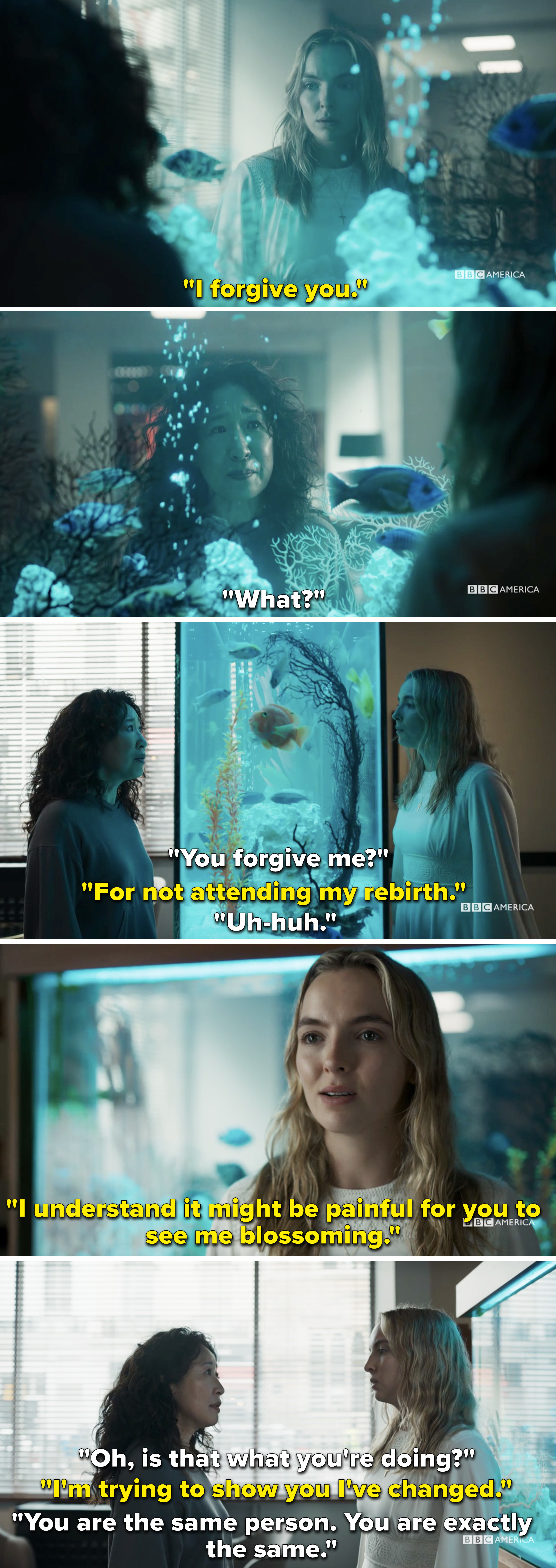 Villanelle and Eve talking by a fish tank and Villanelle saying she forgives Eve for missing her &quot;rebirth&quot;