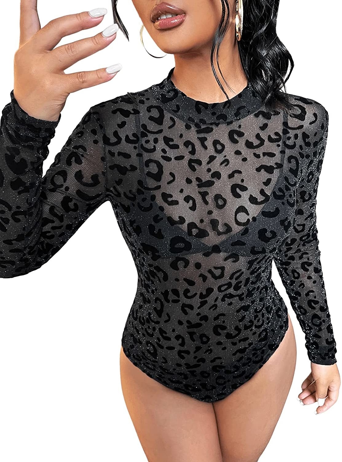 black mesh bodysuit with leopard pattern