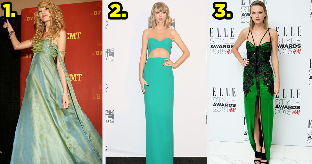 1) Taylor wears a flowing off-the-shoulder gown 2) Taylor wears a crop top and matching maxi skirt 3) Taylor wears a gown with a slit up the middle and black lace appliques