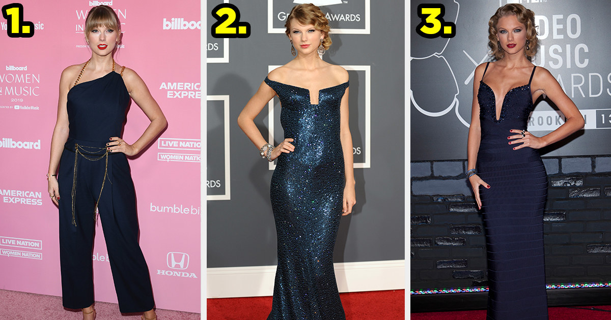 1) Taylor wears a one-shoulder romper with chains hanging from her waist 2) Taylor wears a glittering off-the-shoulder gown 3) Taylor wears a body-con gown with a plunging neckline