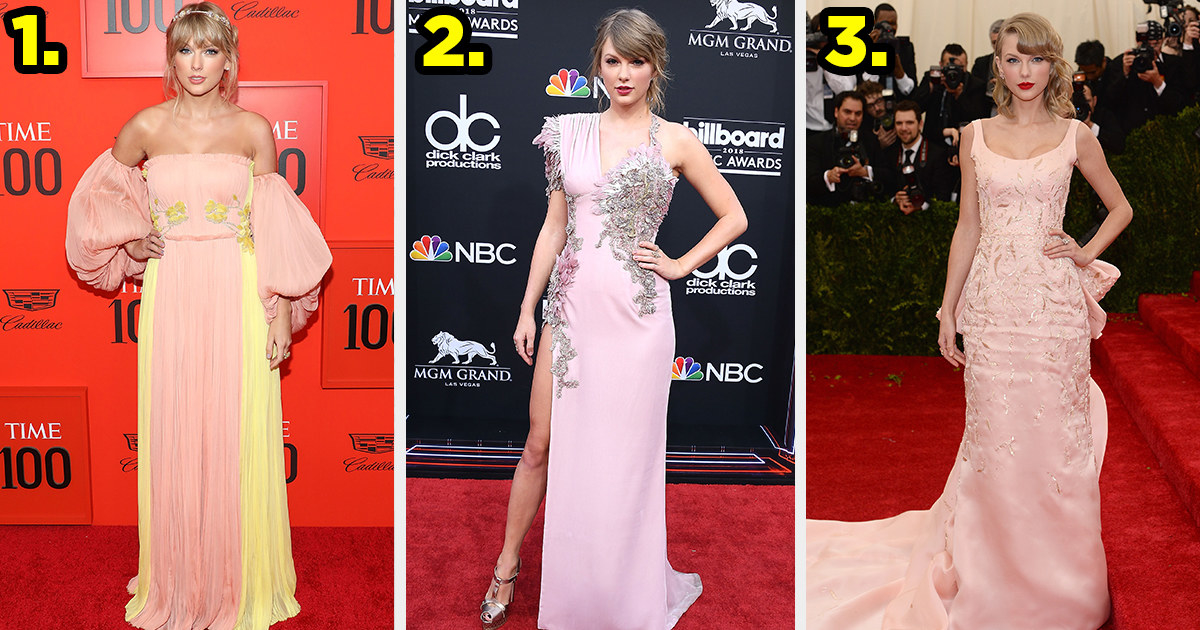 1. Taylor wears a multicolored off the shoulder gown. 2. Taylor wears an assymetrical dress with a thigh slit and metal appliques on the bodice. 3. Taylor wears a scoop neck gown with a metallic print and a bow on the back.