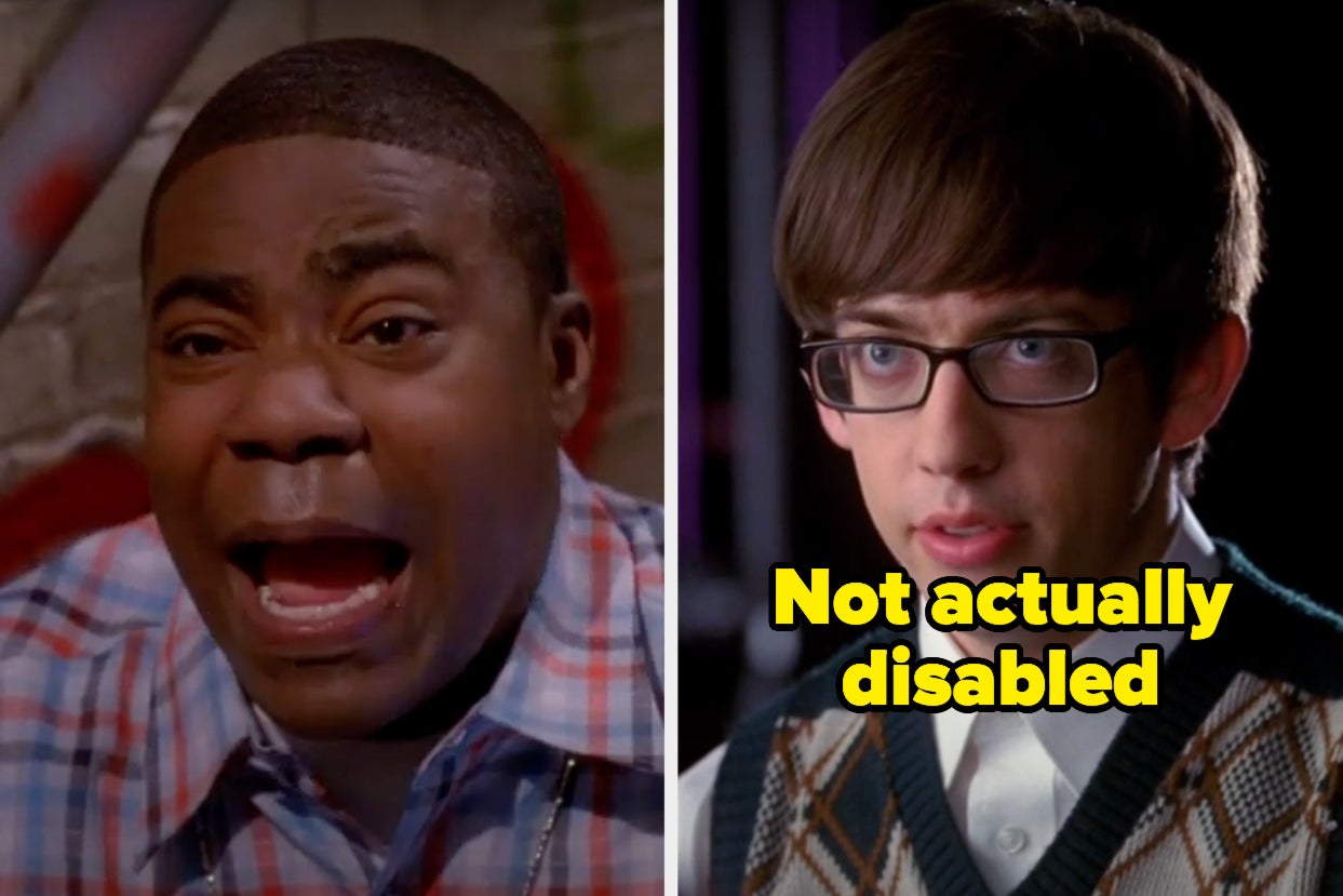 Tracy Morgan in 30 Rock and Kevin McHale in Glee and the words "not actually disabled"