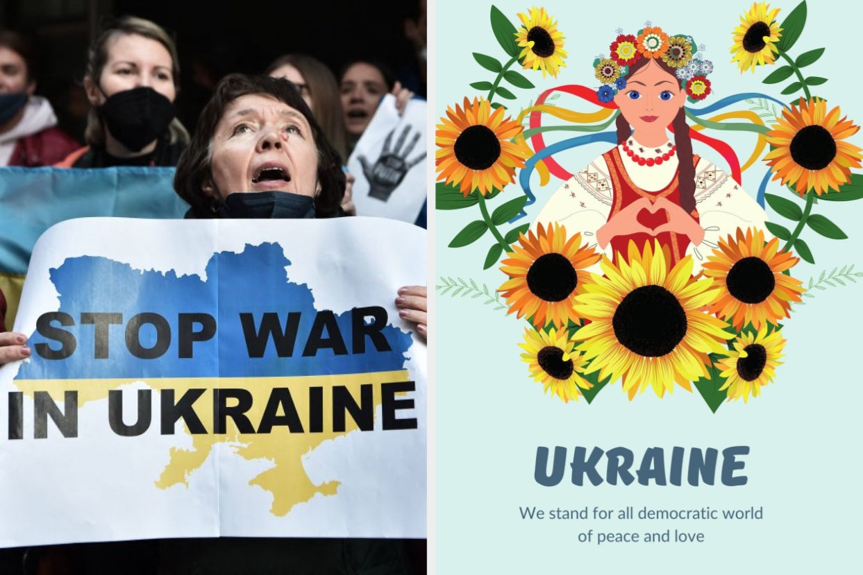 A woman holding a "Stop war in Ukraine" sign, and a drawing
