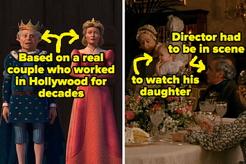 King and Queen from Shrek 2 with text, "Based on a real couple who worked in Hollywood for decades" and a scene from Gangs of New York with text, "Director had to be in scene to watch his daughter"