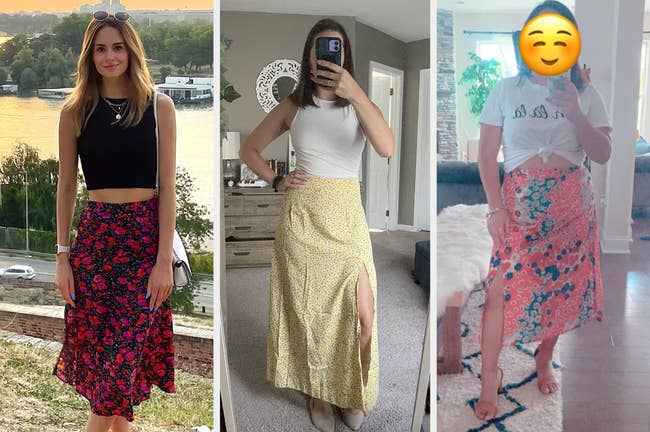 three reviewer photos side by side, one in a black pink floral skirt, one in yellow, and one in orange and blue.