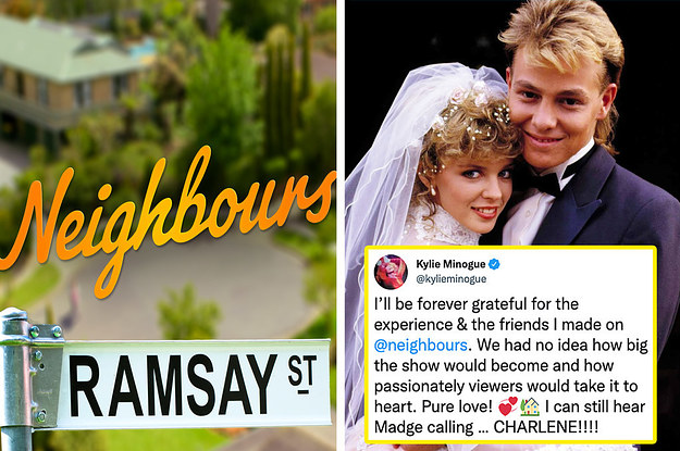 Left: Neighbours logo; Right: Kylie Minogue and Jason Donovan posing as their characters; there's also a tweet from Kylie expressing her love for the show