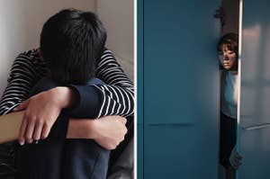 doubled over crying, sneaking out a door