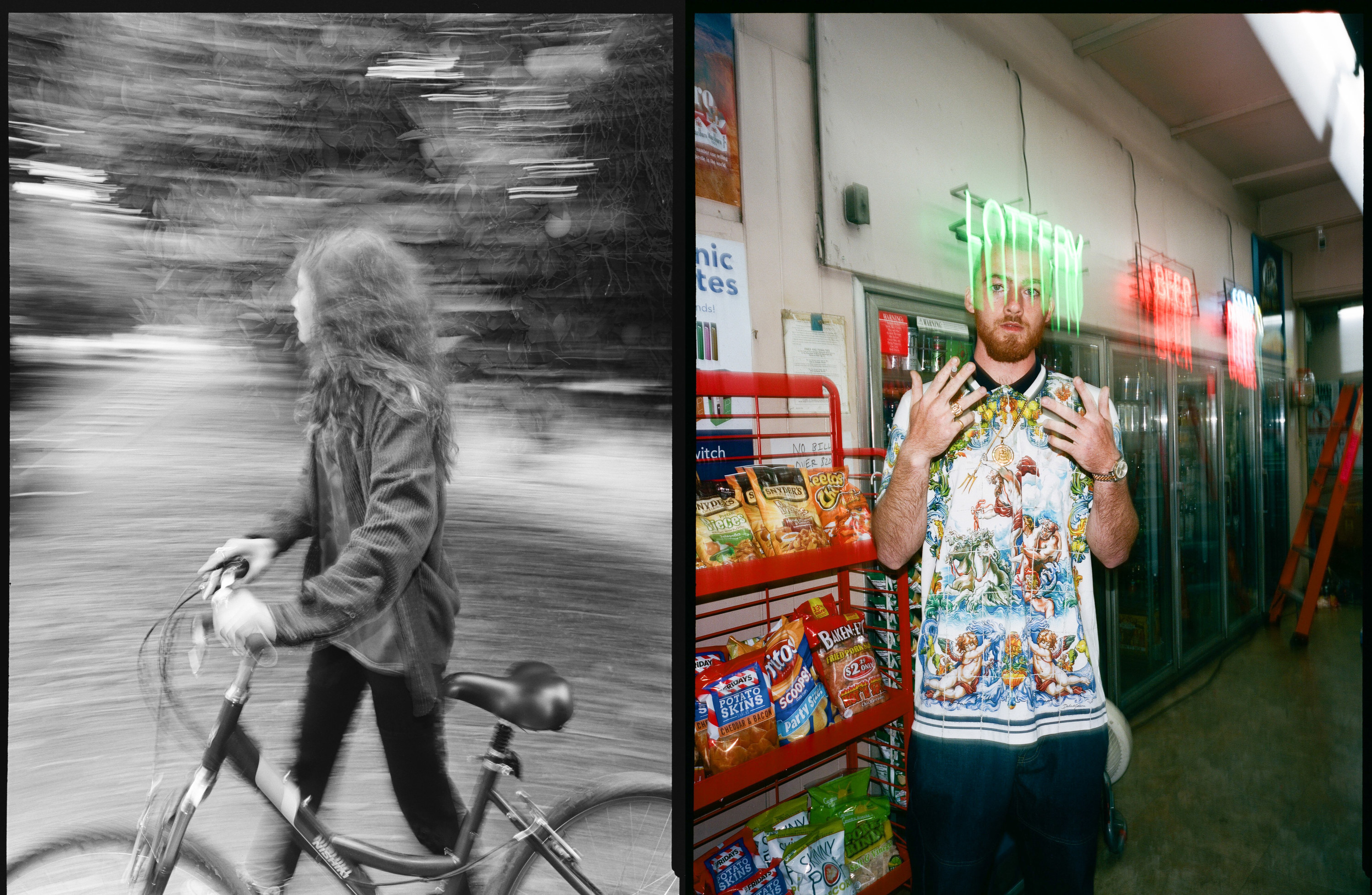 Left, Zendaya who plays Rue walking a bicycle, and right, Angus Cloud who plays Fezco in a convenience store on set
