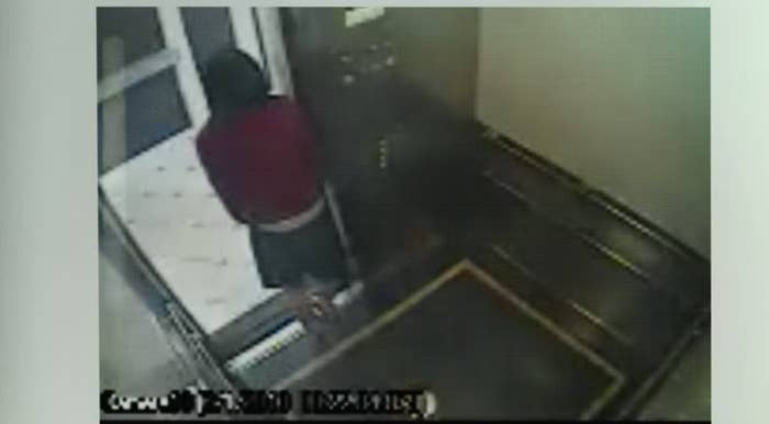 Security cam footage of a woman exiting a hotel elevator