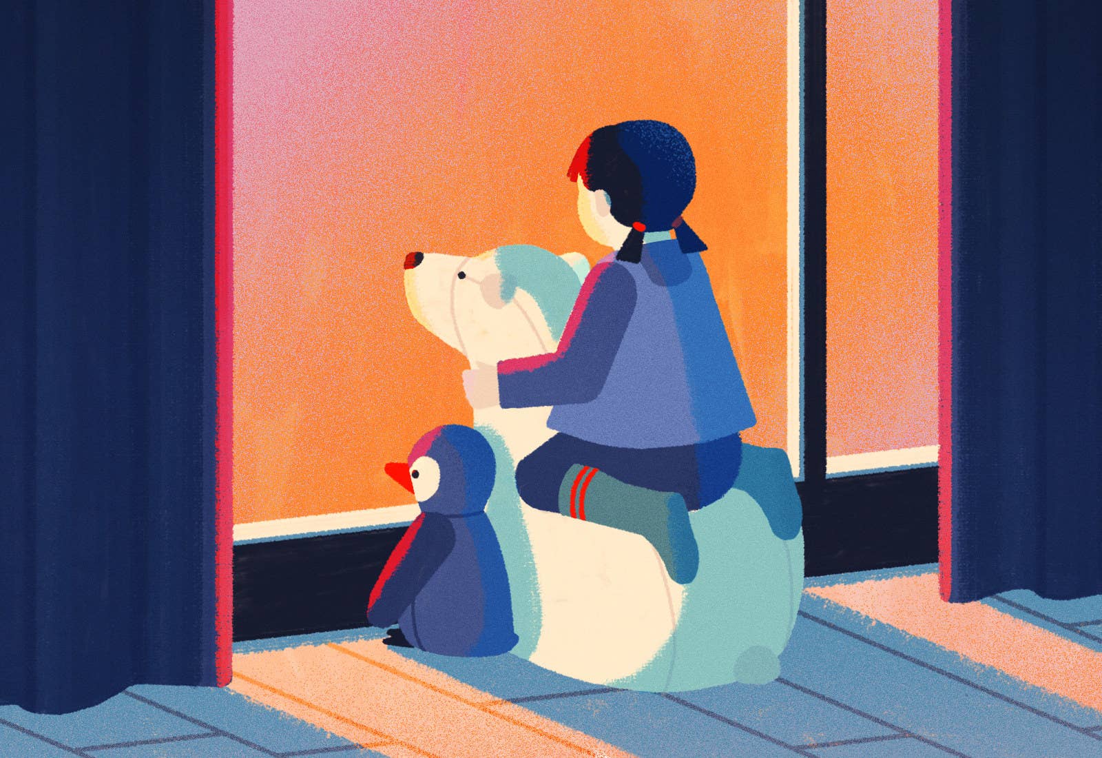 Illustration of a child sitting on top of a stuffed polar bear, with a stuffed penguin beside her looks out a window at extreme weather