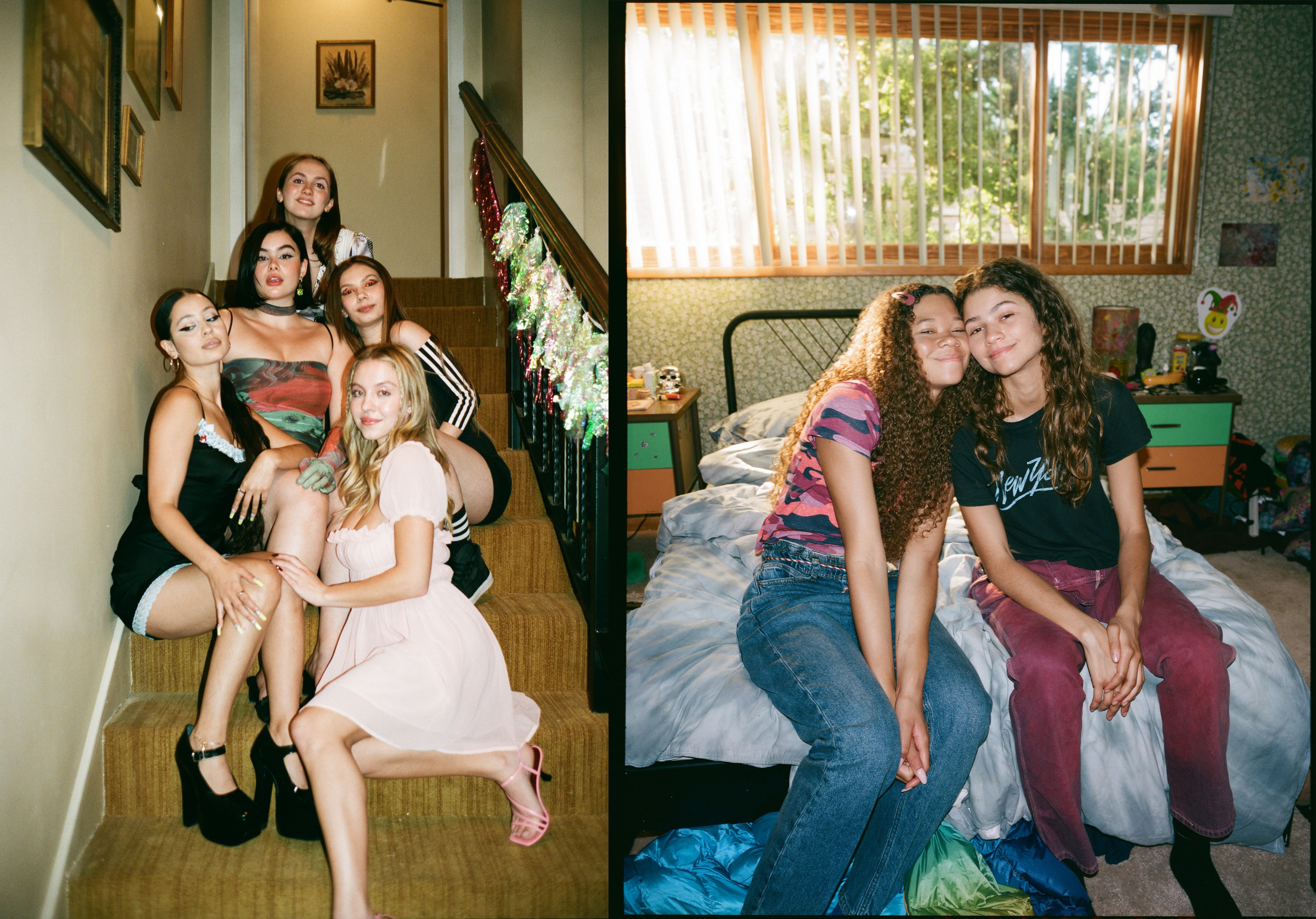 Left from top, Maude Apatow, Barbie Ferreira, Sophia Rose Wilson, Alexa Demie, and Sydney Sweeney on set. Right, Storm Reid as Gia and Zendaya as Rue on set