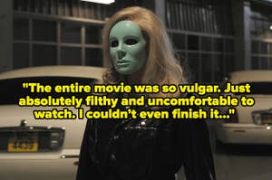 Holy Motors with text reading, "The entire movie was so vulgar Just absolutely filthy and uncomfortable to watch I couldn’t even finish it"