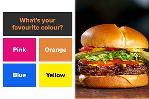 On one side the question "What's your favourite colour?" with Pink Orange Blue and Yellow as options. On the other side of the frame is a close up of a hamburger on a wood surface