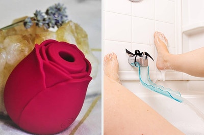 Red rose suction vibrator and model with legs open underneath bath spout