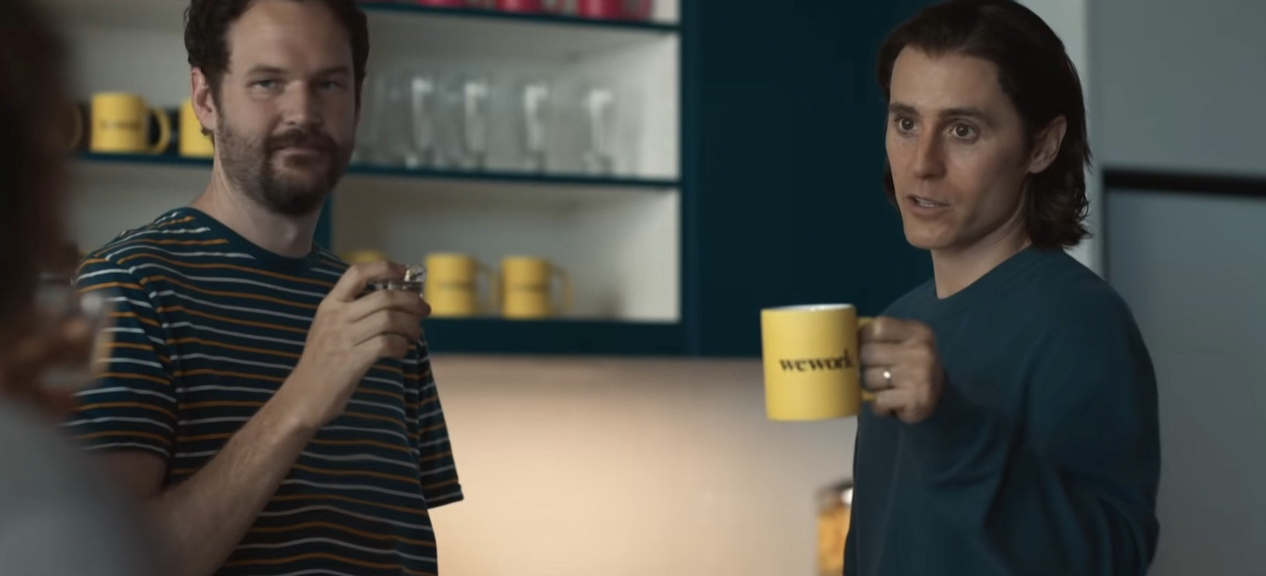 Jared Leto and a co-worker with WeWork coffee mugs