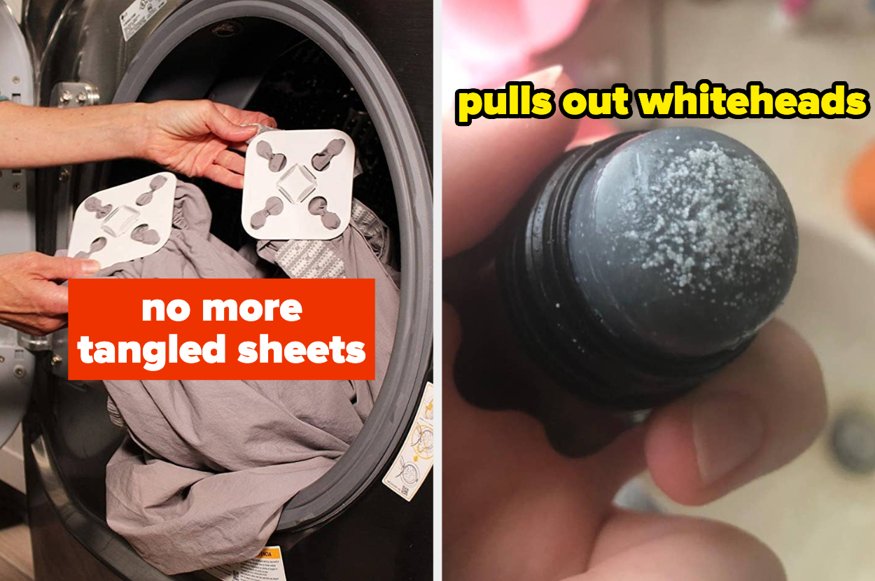 L: Wad-free pads on bedsheets to prevent them from tangling in the dryer R: exfoliating stick with fluid from whiteheads on it