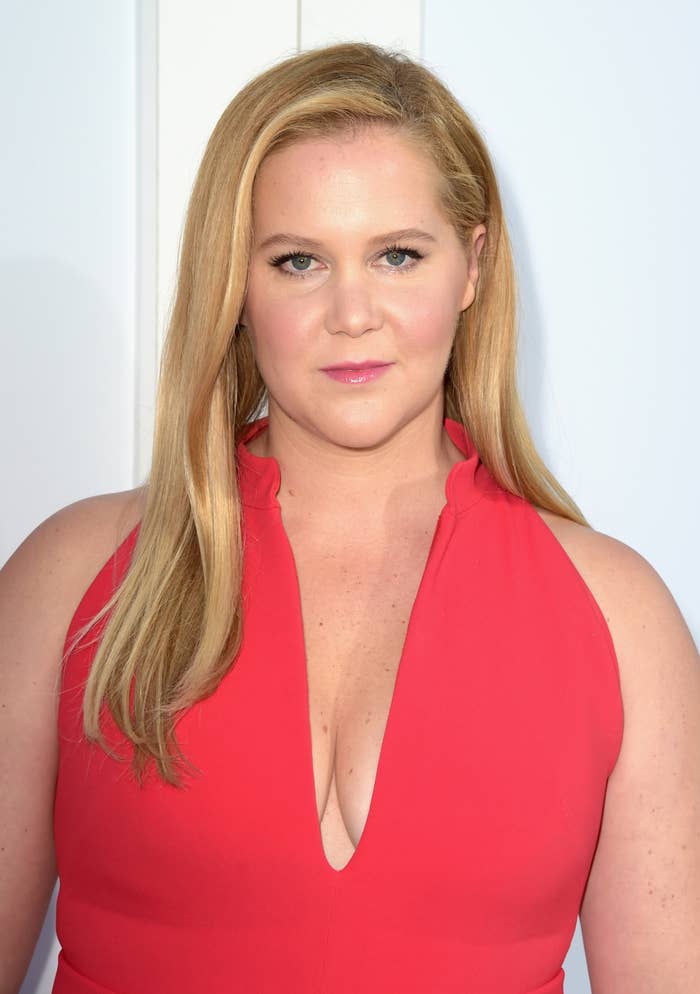 Amy Schumer close up in a halter dress and hair down