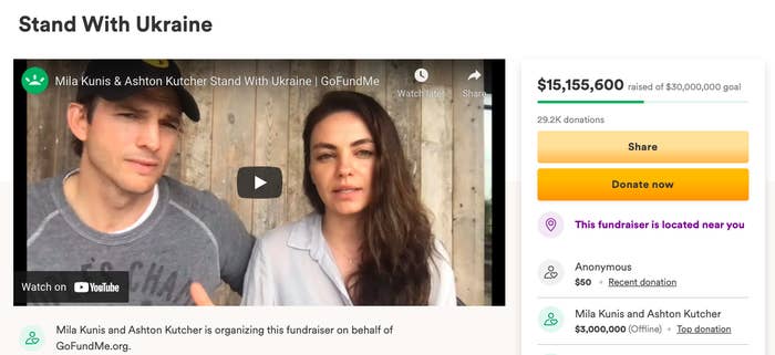 Mila and Ashton in a video for their GoFundMe Pledge with a total money amount to the right of the screen