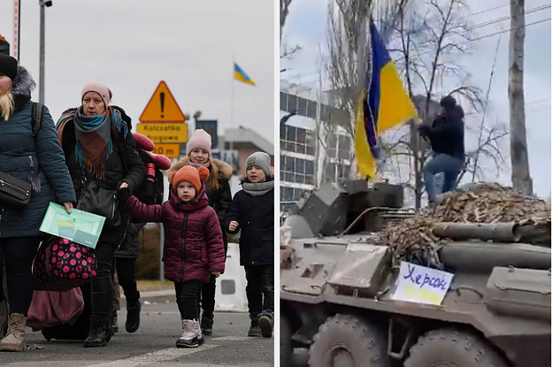 Left, Ukrainian refugees at the border; Right, scene from Kherson protest.