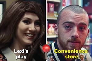 Lexi is on the left labeled, "Lexi's play" with Fez on the right labeled, "Convenience store"