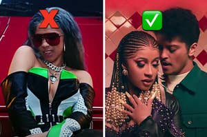 Cardi B is shown in two music videos, marked with an X on the left and check on the right