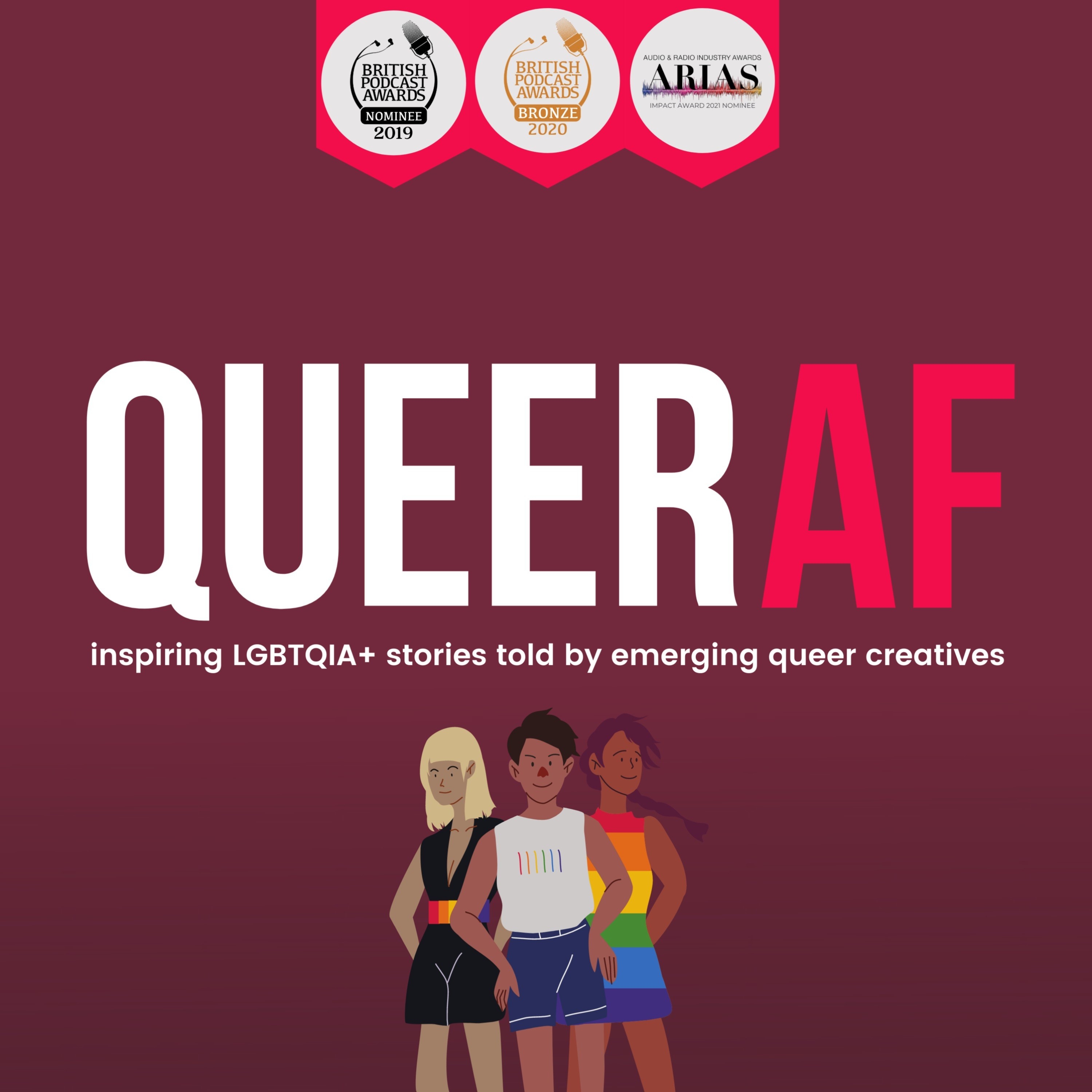 The text &quot;QueerAF&quot; in brown background with the graphics of three queer people